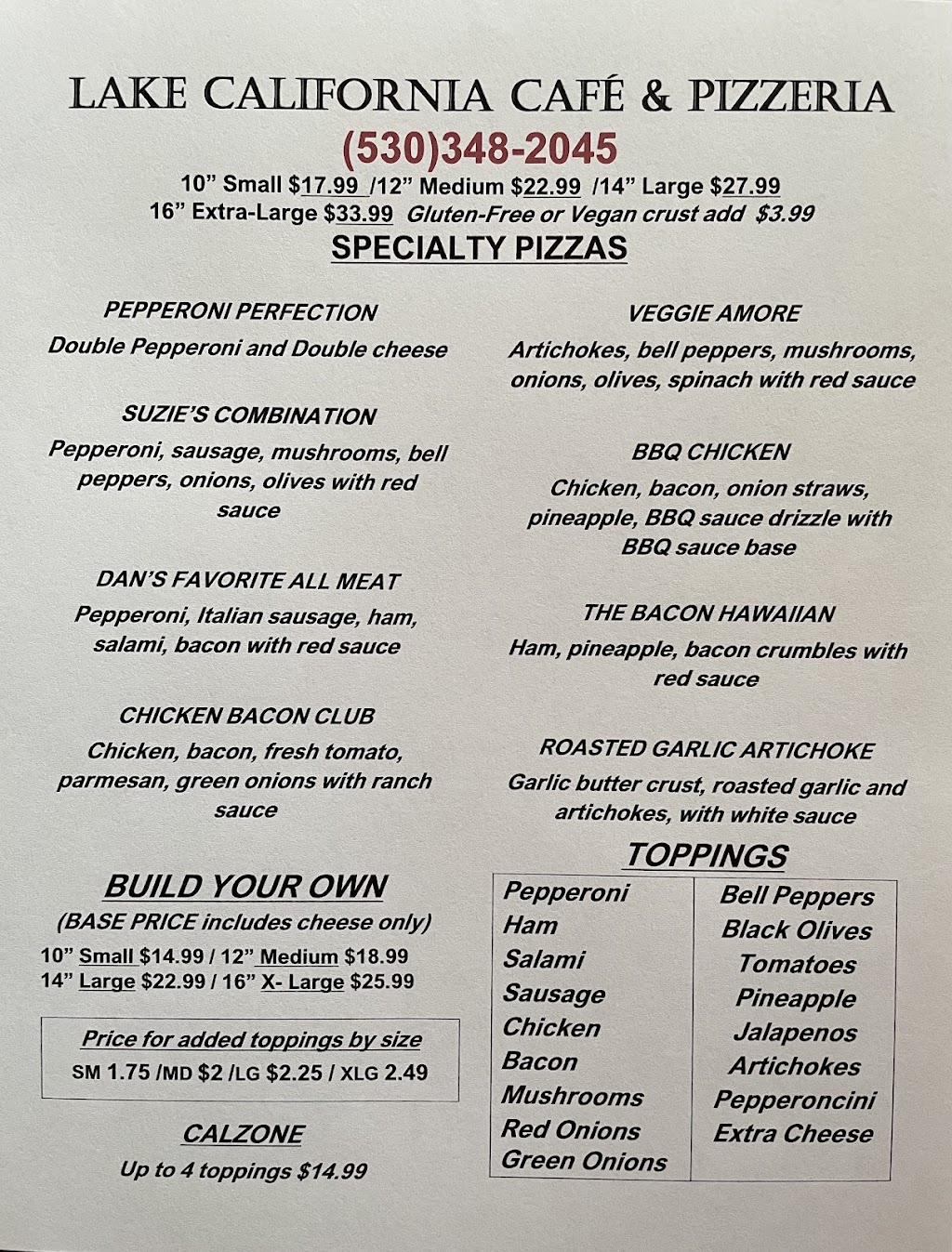 Lake California Cafe & Pizzeria | restaurant | 19632 Lake California Dr, Cottonwood, CA 96022, USA | 5303482045 OR +1 530-348-2045