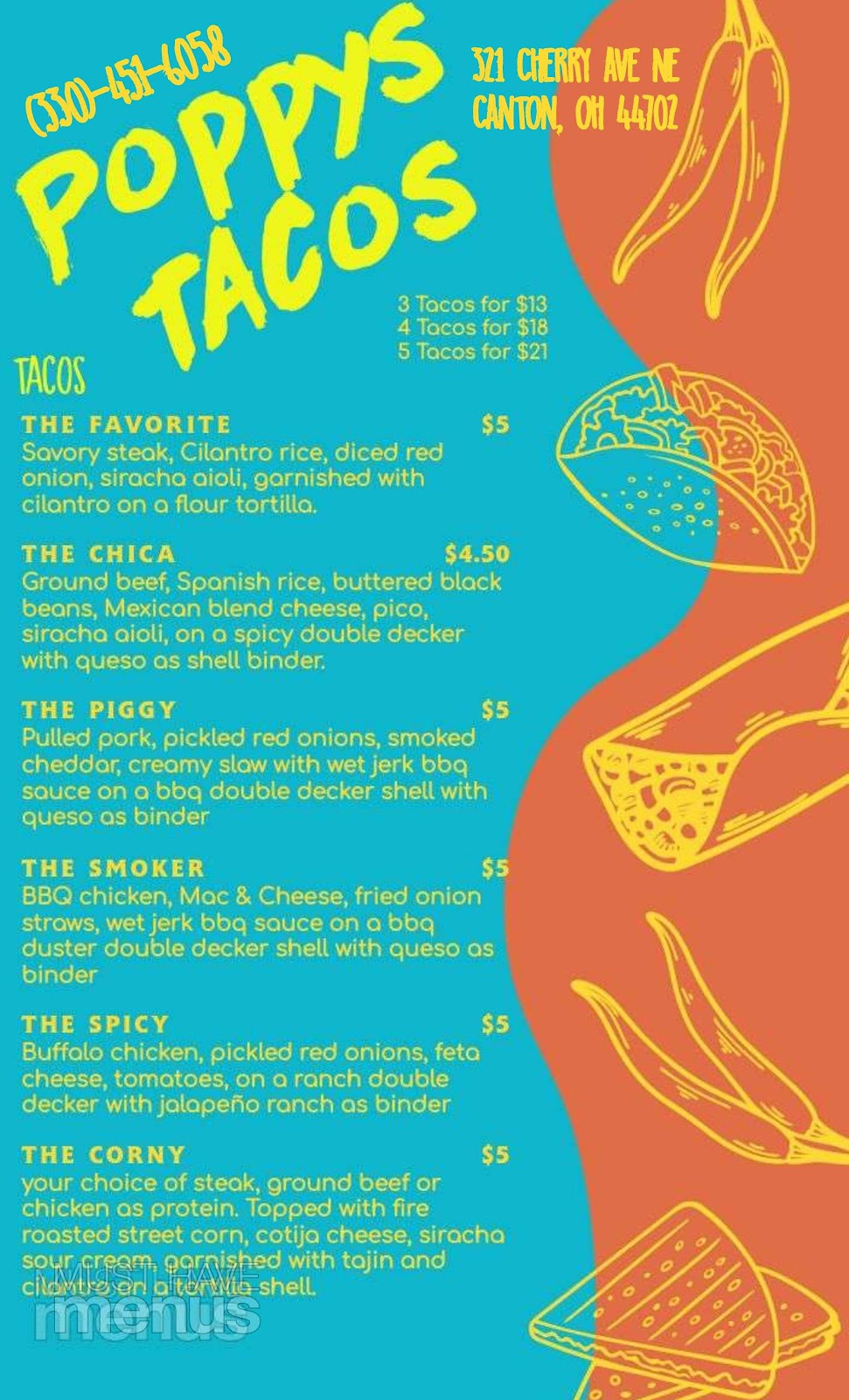 Poppys Tacos | restaurant | 321 Cherry Ave NE, Canton, OH 44702, USA | 3304516058 OR +1 330-451-6058