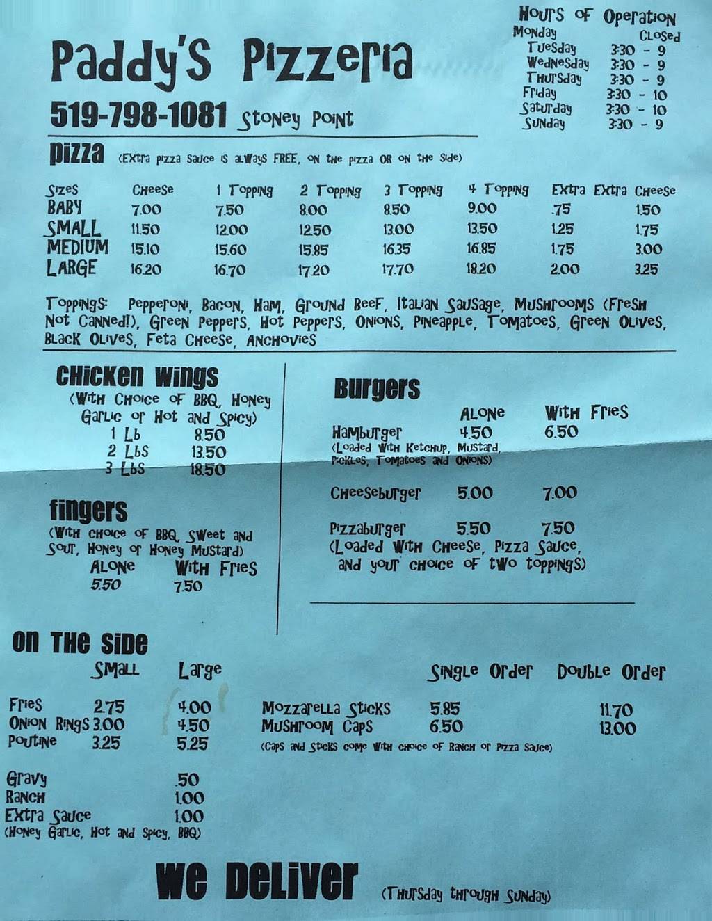 Paddys Pizzeria | restaurant | 7320 Tecumseh Rd, Pointe aux Roches, ON N0R 1N0, Canada | 5197981081 OR +1 519-798-1081