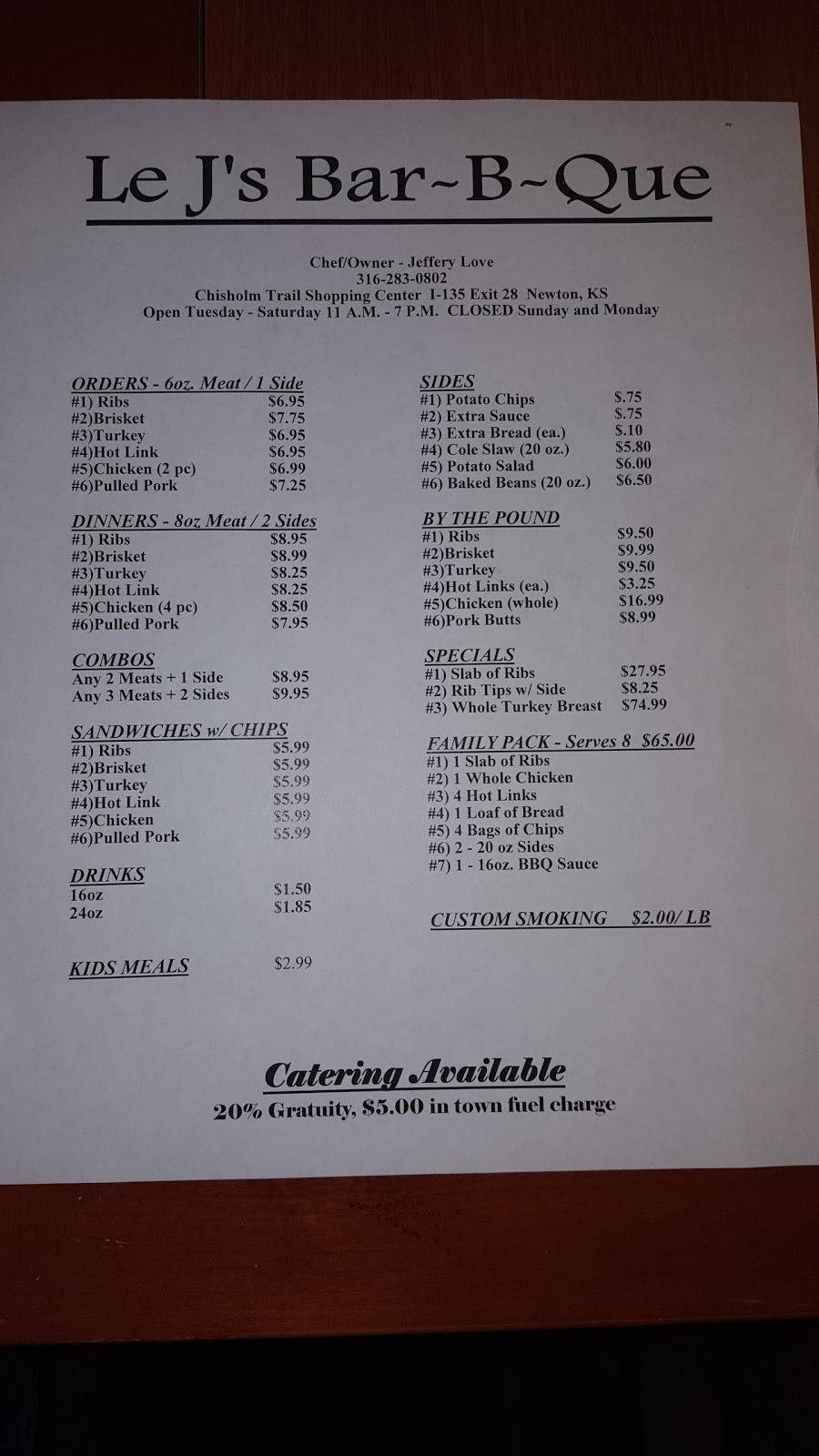 Le - Js Bar BQ | restaurant | 601 SE 36th St, Newton, KS 67114, USA | 3162830802 OR +1 316-283-0802