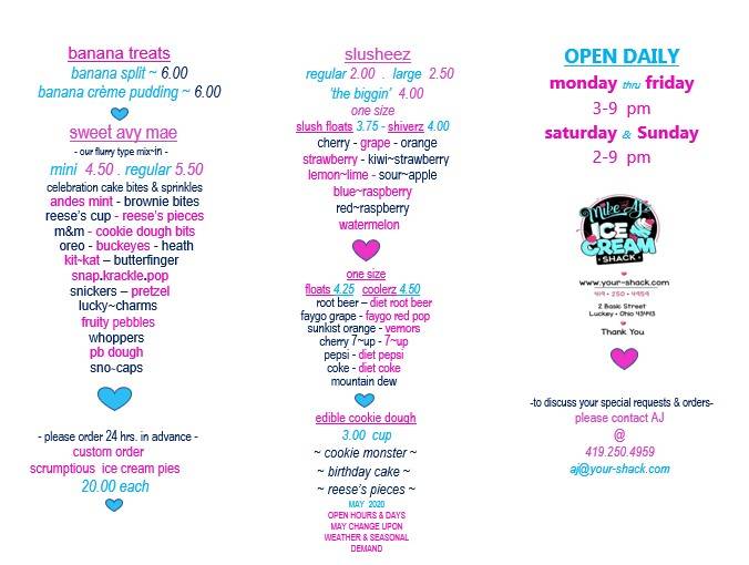 Mike & Ajz Ice Cream Shack | restaurant | 2 Basic St, Luckey, OH 43443, USA | 4192504959 OR +1 419-250-4959