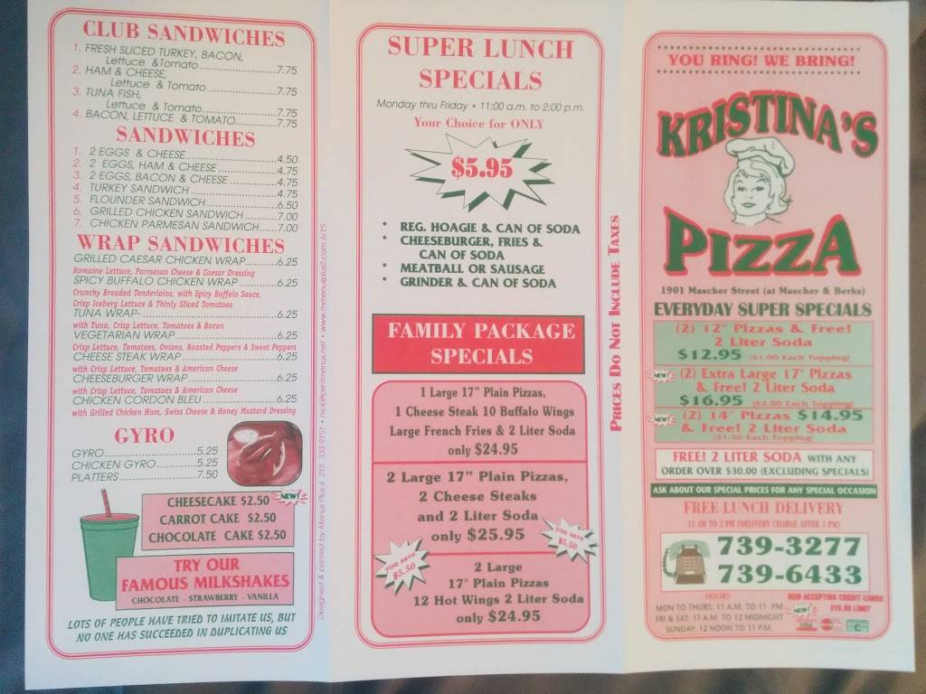 Kristina Pizza | restaurant | 1901 N Mascher St, Philadelphia, PA 19122, USA | 2157393277 OR +1 215-739-3277