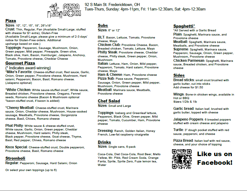 Pizza Dock | restaurant | 92 S Main St, Fredericktown, OH 43019, USA | 7406941555 OR +1 740-694-1555