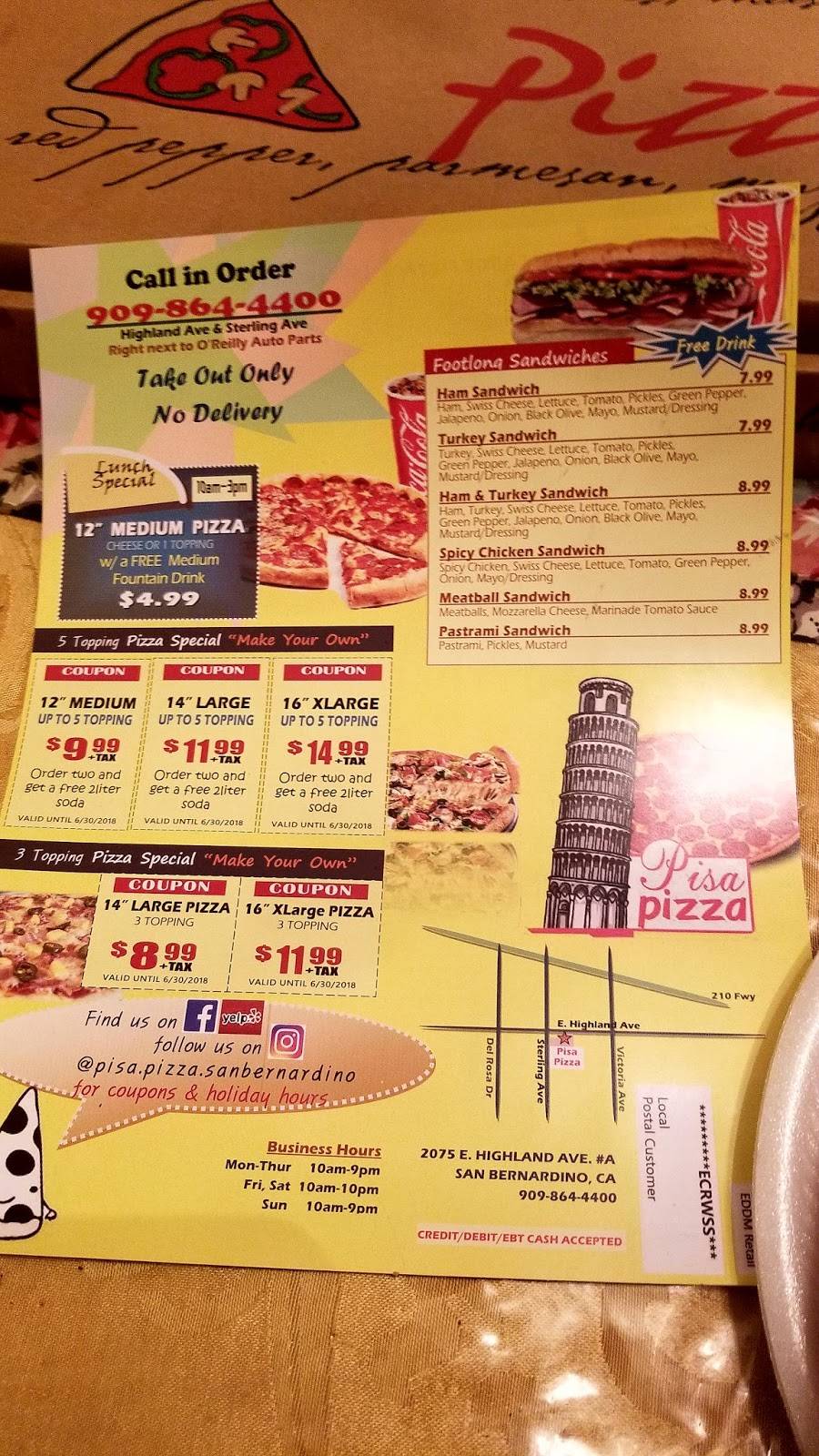 Pisa Pizza | meal takeaway | 2075 E Highland Ave, San Bernardino, CA 92404, USA | 9098644400 OR +1 909-864-4400