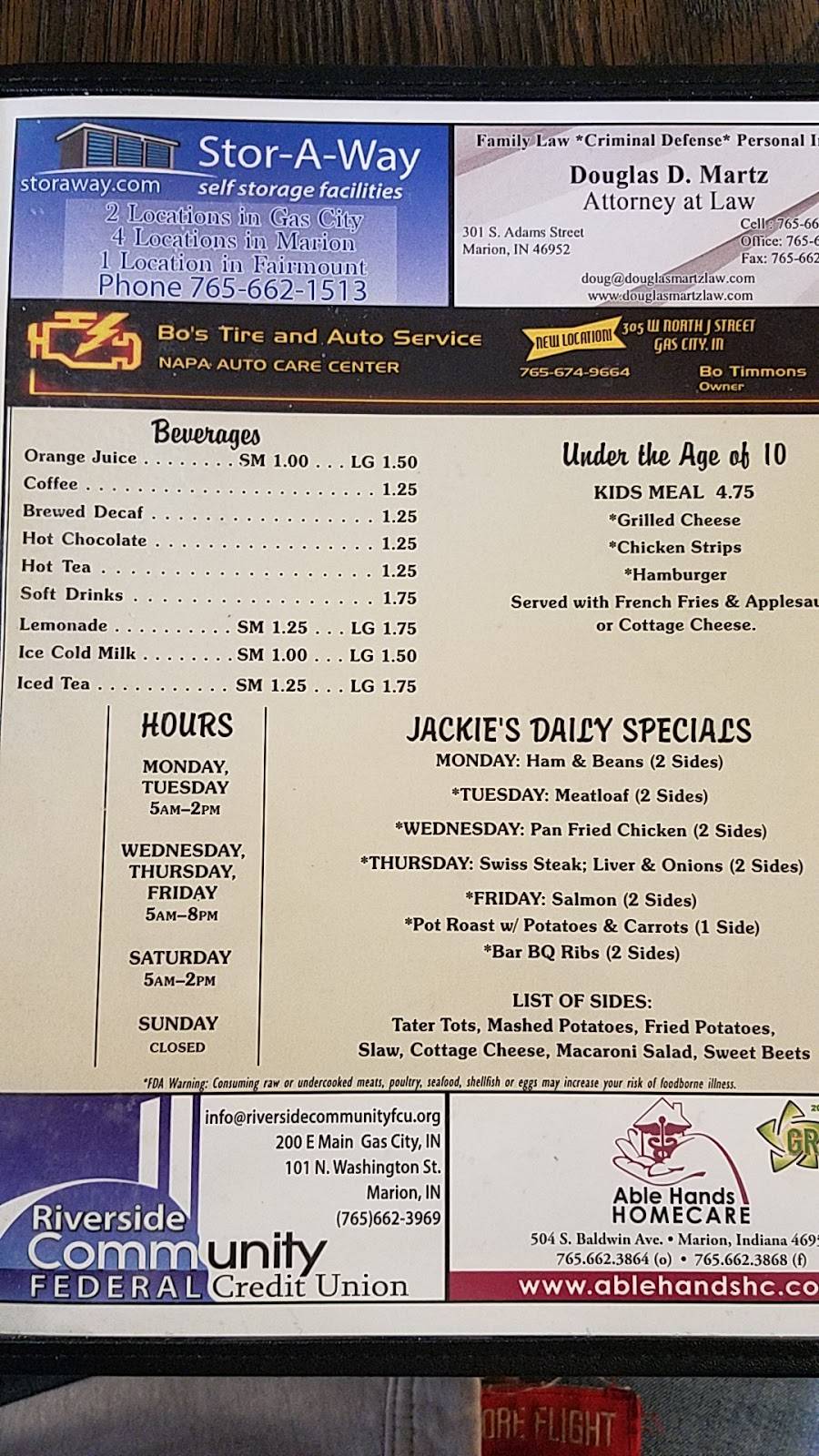 Jackies Family Restaurant | restaurant | 105 N Harrisburg Ave, Gas City, IN 46933, USA | 7656747509 OR +1 765-674-7509