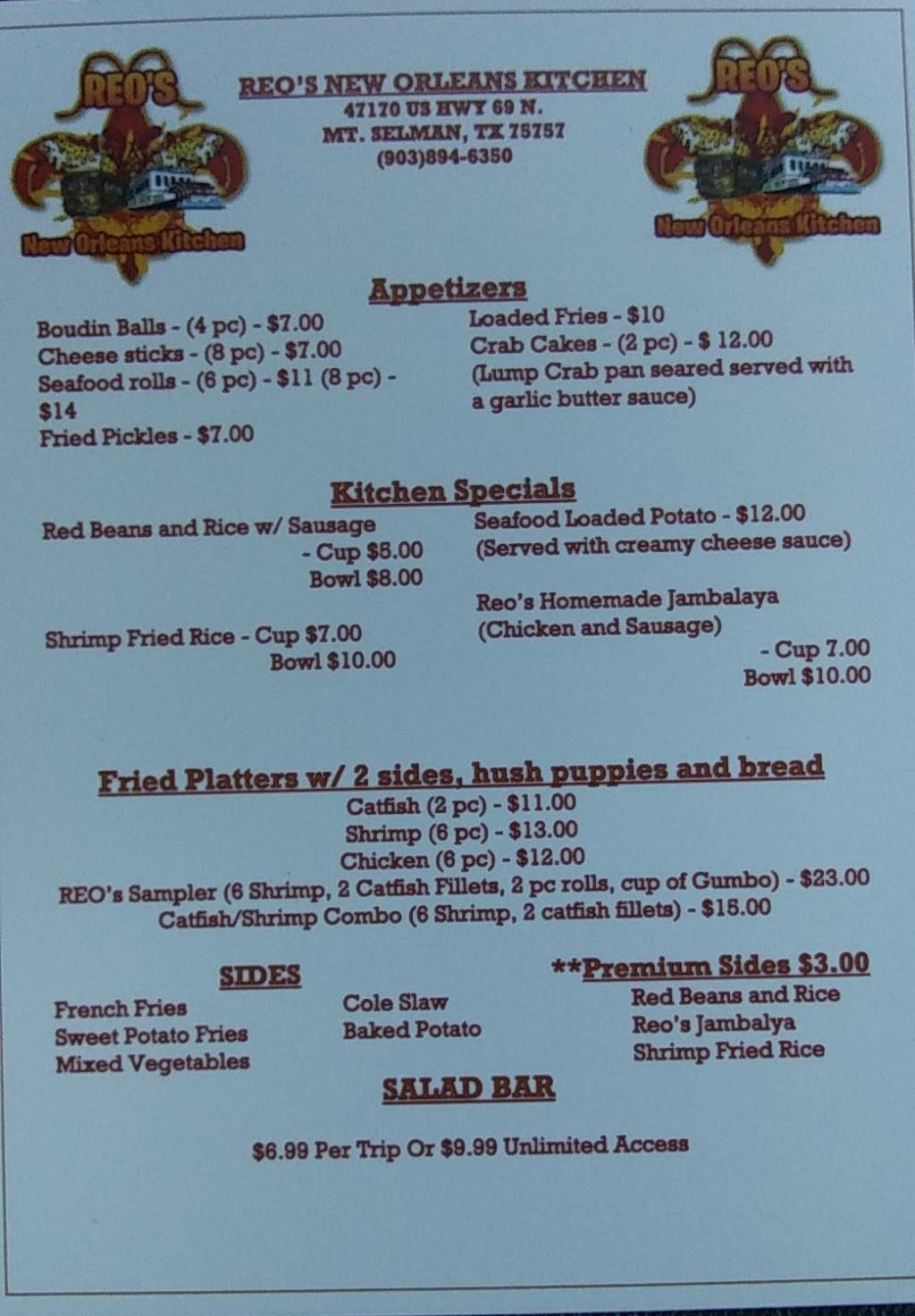 Reos New Orleans Kitchen | restaurant | 47170 US-69, Mt Selman, TX 75757, USA | 9038946350 OR +1 903-894-6350