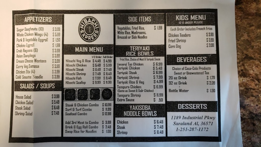 Hibachi Express | restaurant | 1189 Industrial Pkwy, Saraland, AL 36571, USA | 2512871172 OR +1 251-287-1172