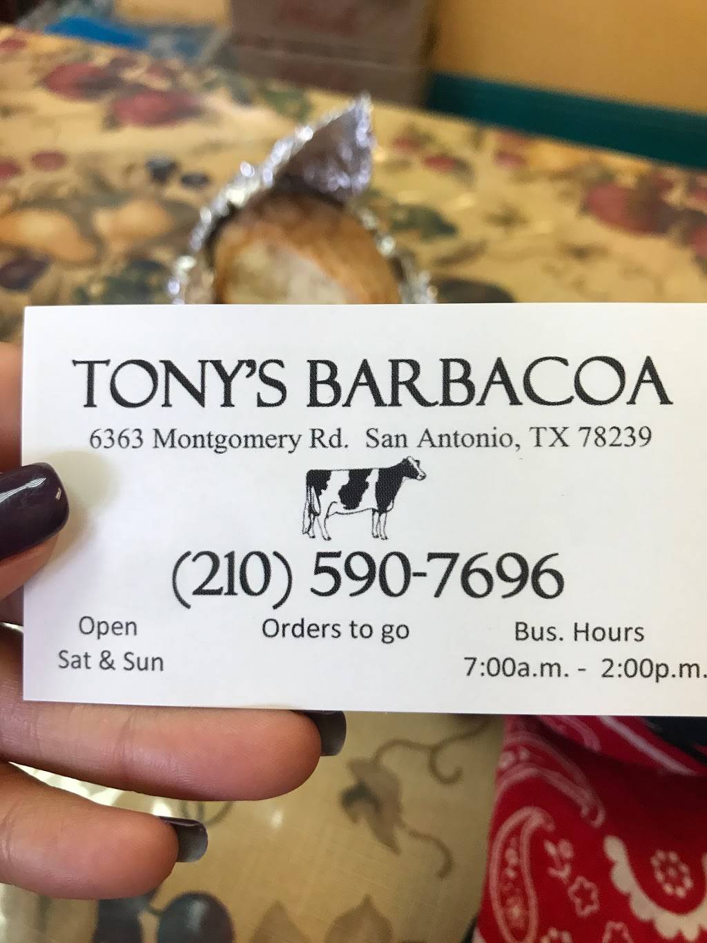 Tonys Barbacoa | restaurant | 6363 Montgomery Dr, San Antonio, TX 78239, USA | 2105907696 OR +1 210-590-7696