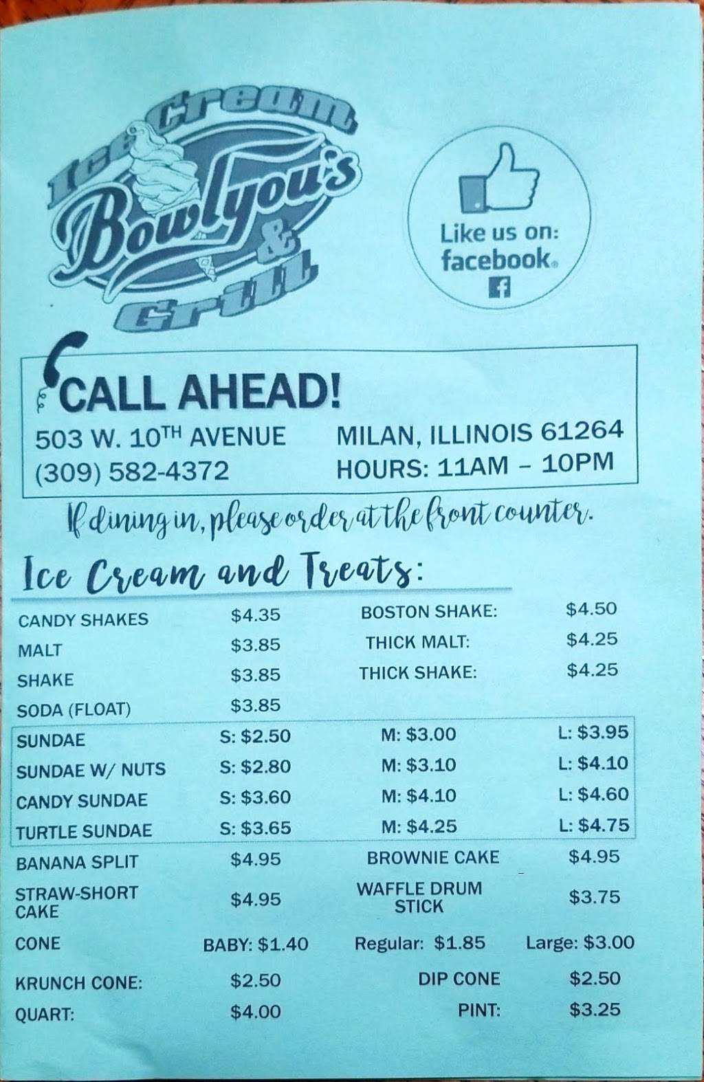 Bowlyous Ice Cream and Grill | restaurant | 503 W 10th Ave W, Milan, IL 61264, USA | 3095824372 OR +1 309-582-4372