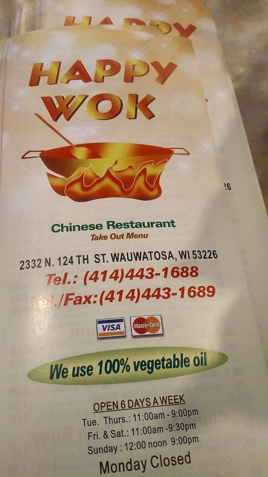 Happy Wok | restaurant | 2332 N 124th St, Milwaukee, WI 53226, USA | 4144431688 OR +1 414-443-1688