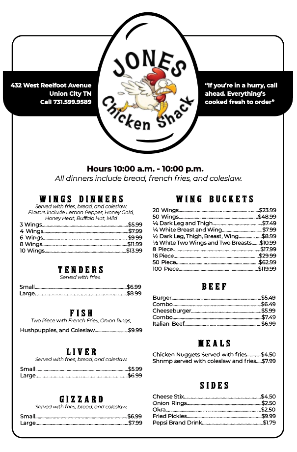 Jones Chicken Shack | restaurant | 432 W Reelfoot Ave, Union City, TN 38261, USA | 7315999589 OR +1 731-599-9589