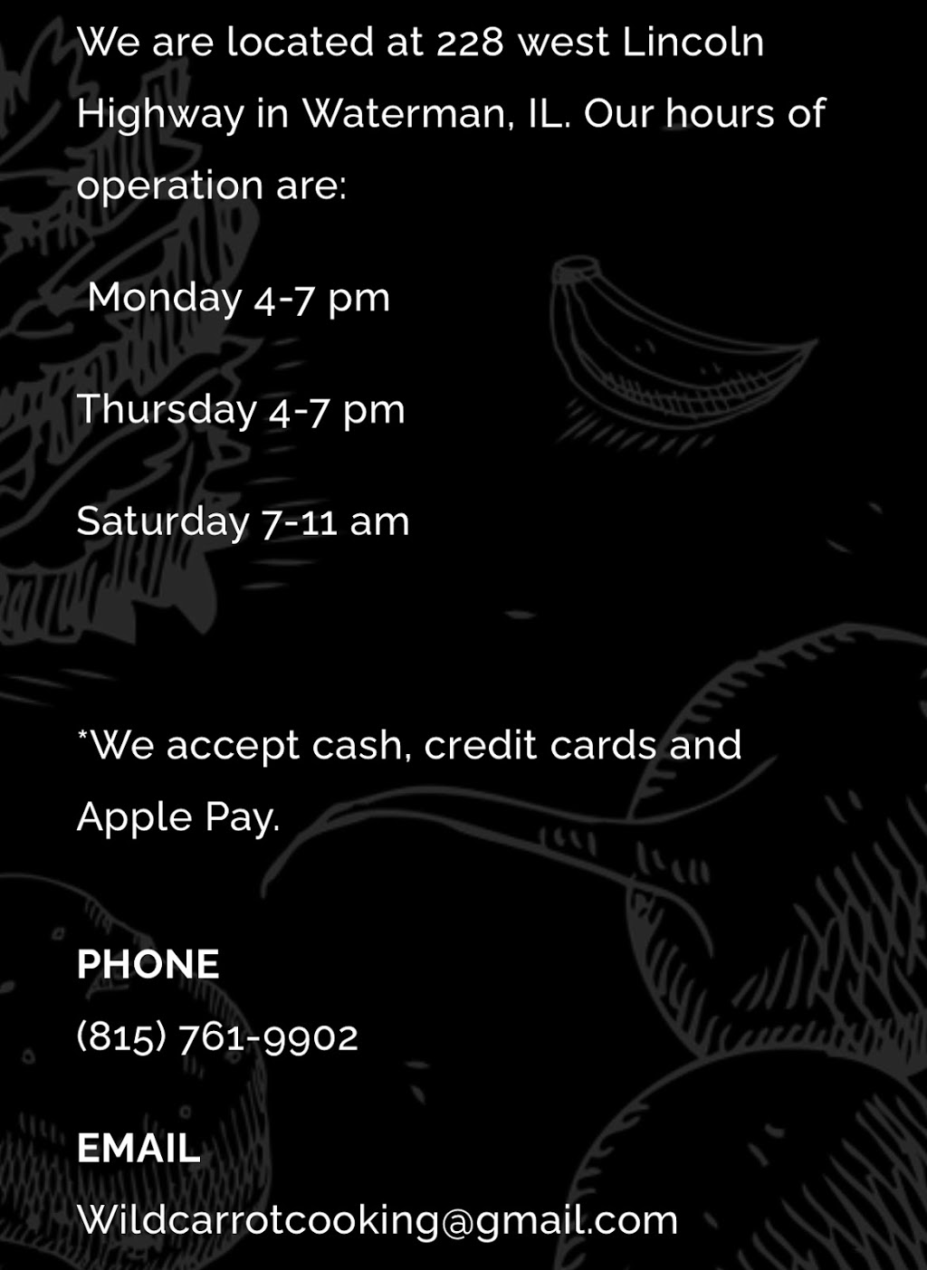 Wild Carrot Cooking Company | restaurant | 228 W Lincoln Hwy, Waterman, IL 60556, USA | 8157619902 OR +1 815-761-9902