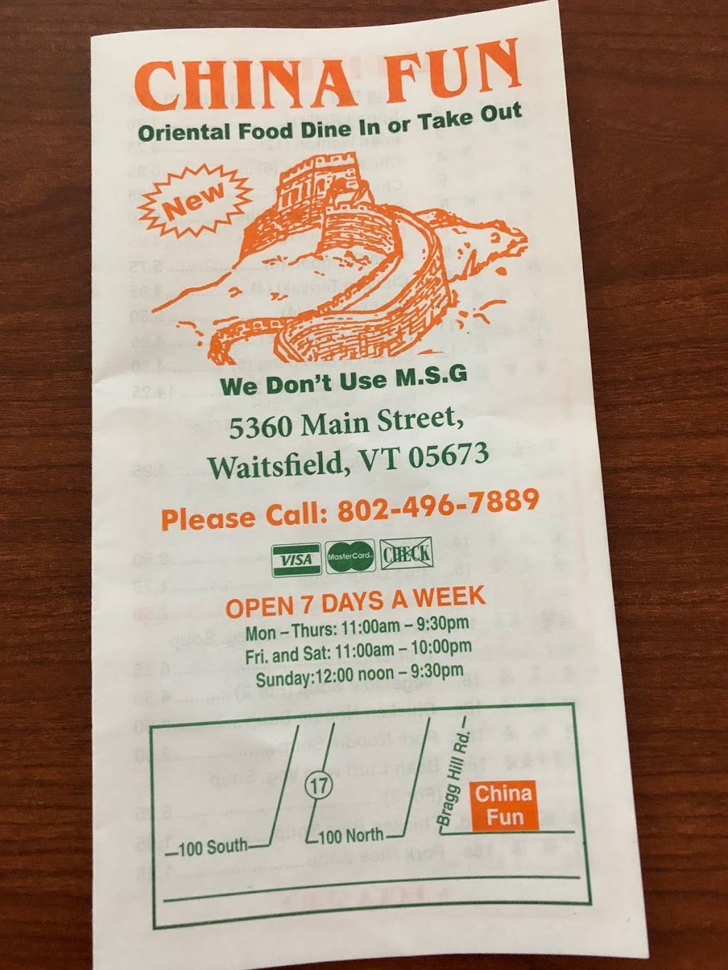 China Fun | restaurant | 5360 Main St, Waitsfield, VT 05673, USA | 8024967889 OR +1 802-496-7889