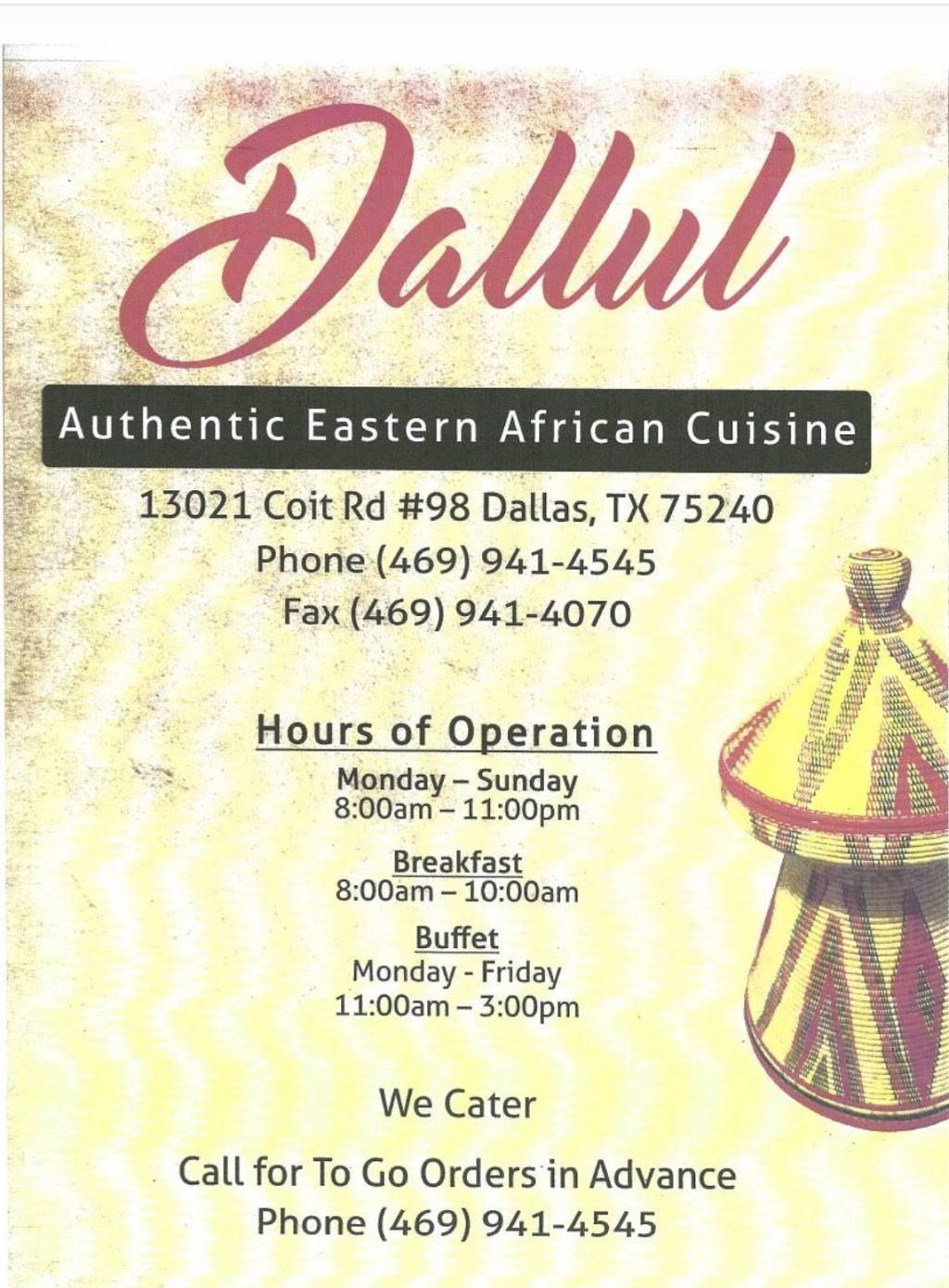 Dallul East African Cuisine | restaurant | 13021 Coit Rd # 98, Dallas, TX 75240, USA | 4699414545 OR +1 469-941-4545