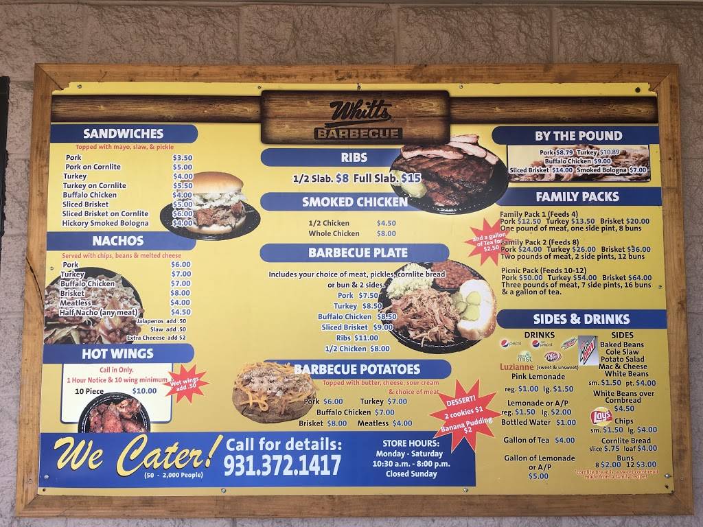 Whitts Barbecue | restaurant | 280 W Broad St #2469, Cookeville, TN 38501, USA | 9313721417 OR +1 931-372-1417