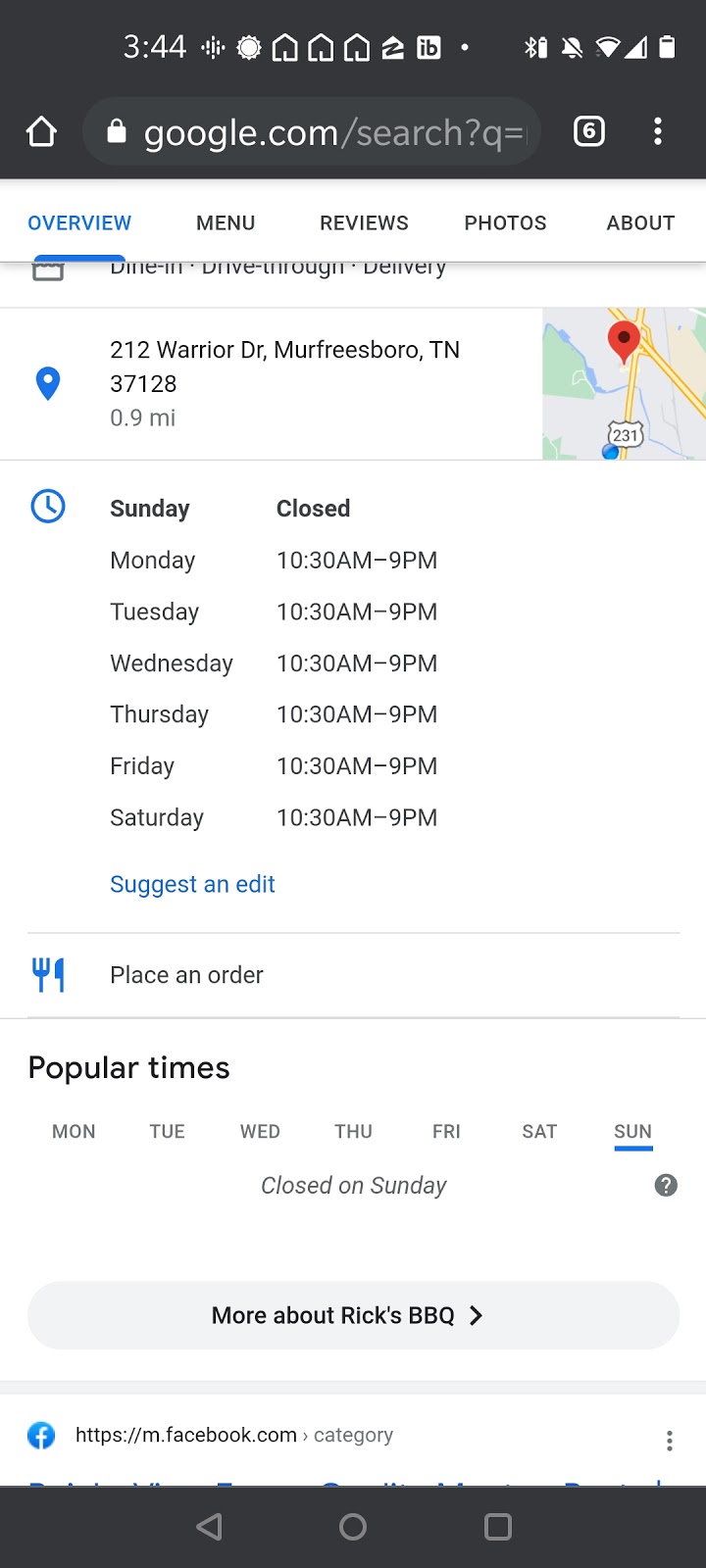 Ricks barbeque | restaurant | Murfreesboro, TN 37128, USA | 6158961100 OR +1 615-896-1100