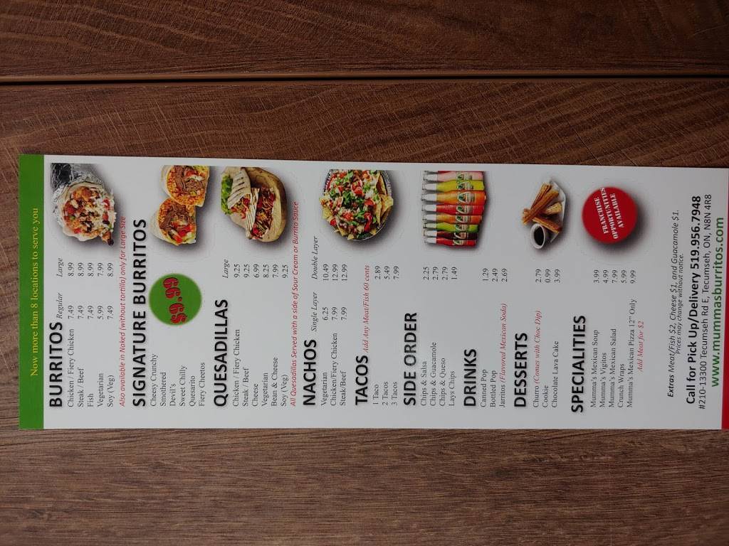 Mummas Burritos (Manning Rd) | restaurant | 13300 Tecumseh Rd E #210, Windsor, ON N8N 4R8, Canada | 5199567948 OR +1 519-956-7948