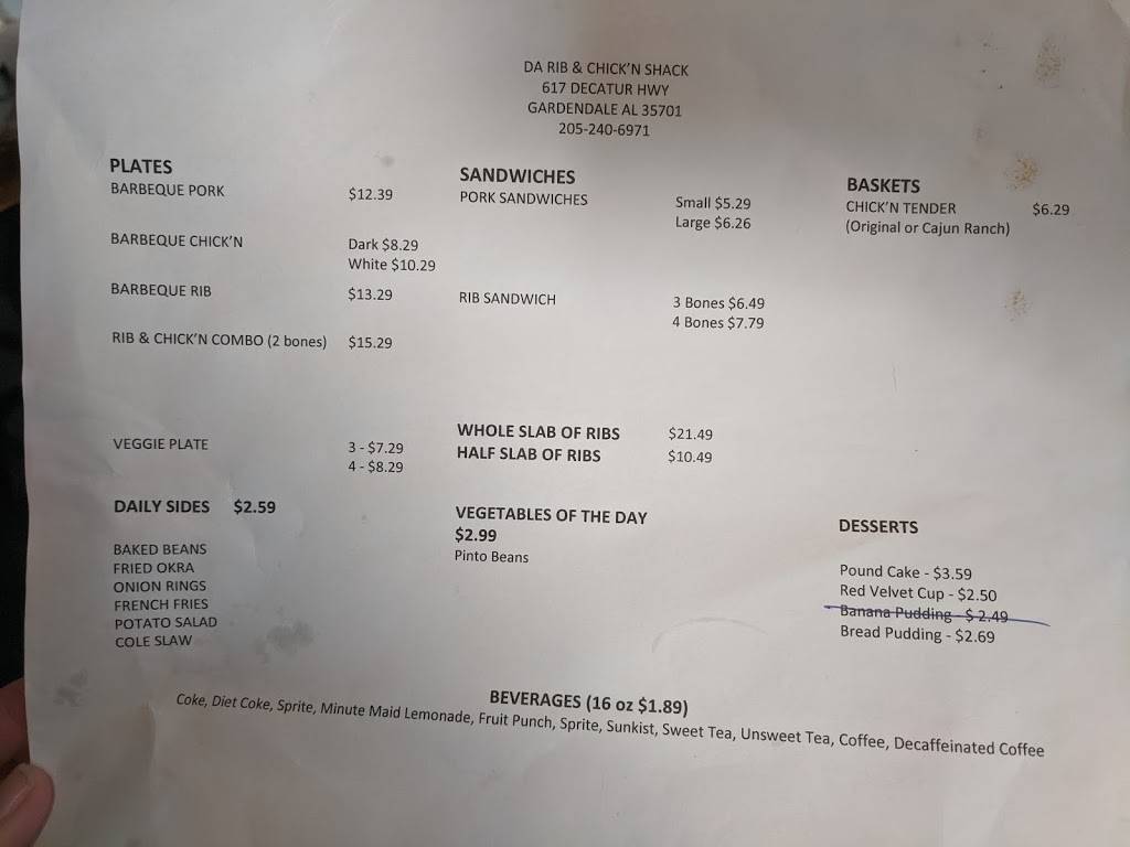 Da Rib and Chicken Shack | restaurant | 617 Decatur Hwy, Gardendale, AL 35071, USA | 2052406971 OR +1 205-240-6971