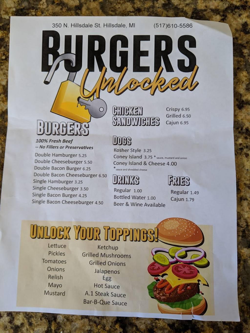 Burgers Unlocked | restaurant | 350 Hillsdale St, Hillsdale, MI 49242, USA | 5176105586 OR +1 517-610-5586