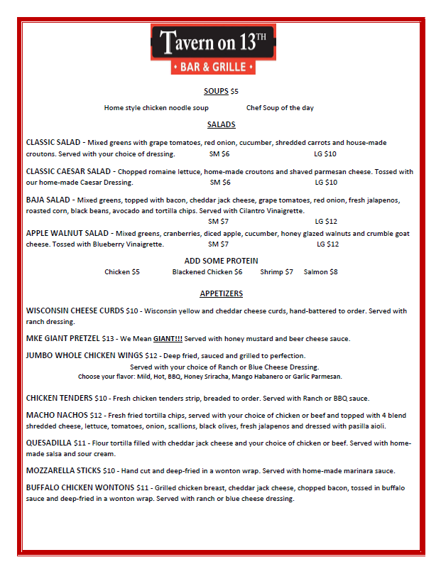 Tavern on 13th Bar and Grille | restaurant | 6331 South 13th Street, Milwaukee, WI 53221, USA | 4147641500408 OR +1 414-764-1500 ext. 408