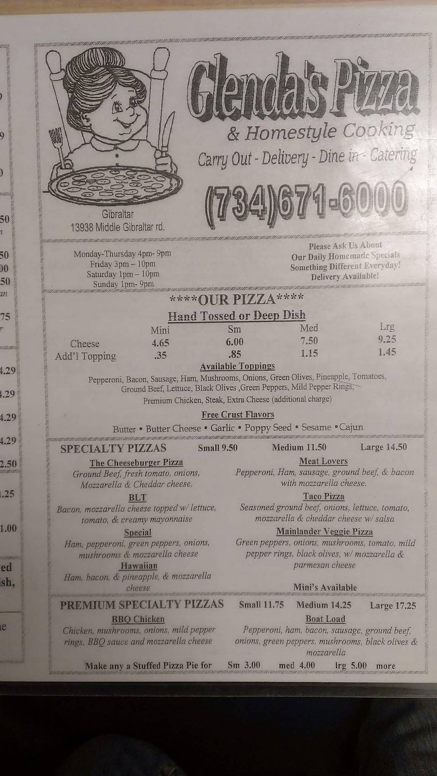 Glendas Pizza | restaurant | 13938 Middle Gibraltar Rd, Rockwood, MI 48173, USA | 7346716000 OR +1 734-671-6000