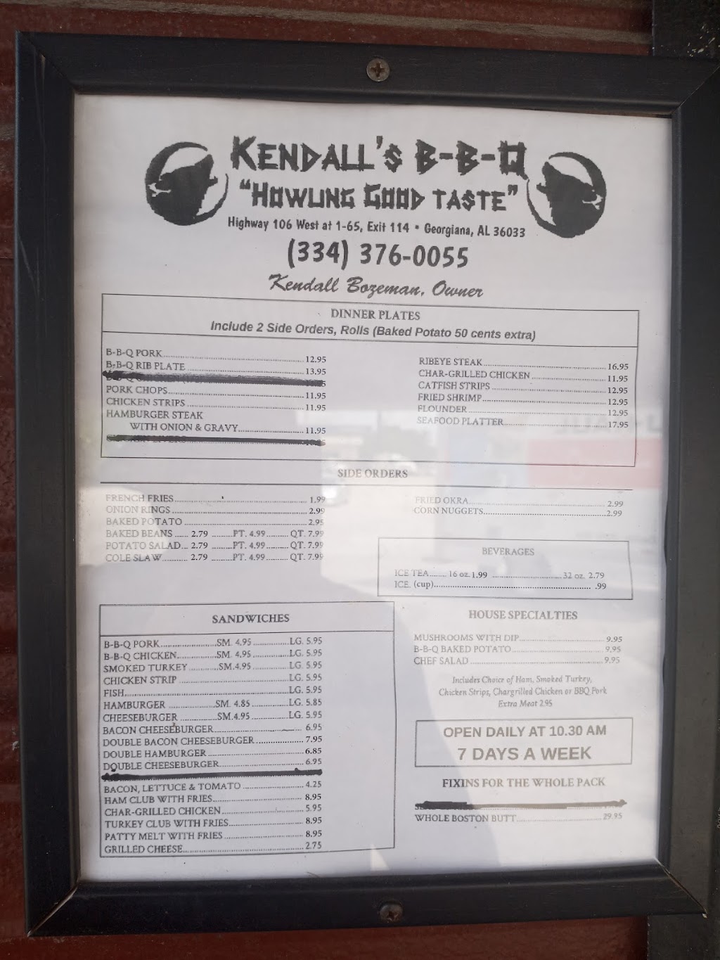 Kendalls BBQ | restaurant | 2076 W, 2230 AL-106, Georgiana, AL 36033, USA | 3343760055 OR +1 334-376-0055