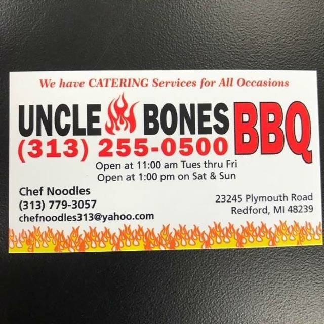 Uncle Bones Bbq | restaurant | 23245 Plymouth Rd, Redford Charter Twp, MI 48239, USA | 3132550500 OR +1 313-255-0500