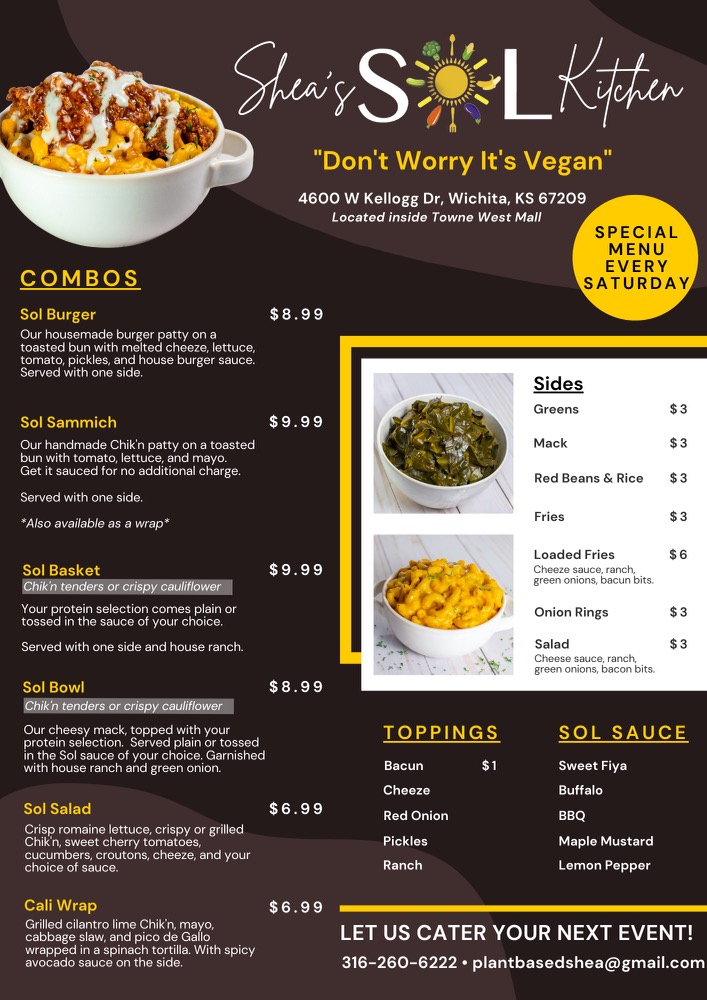 Sheas Sol Kitchen | restaurant | 4600 W Kellogg Dr, Wichita, KS 67209, USA | 3162606222 OR +1 316-260-6222