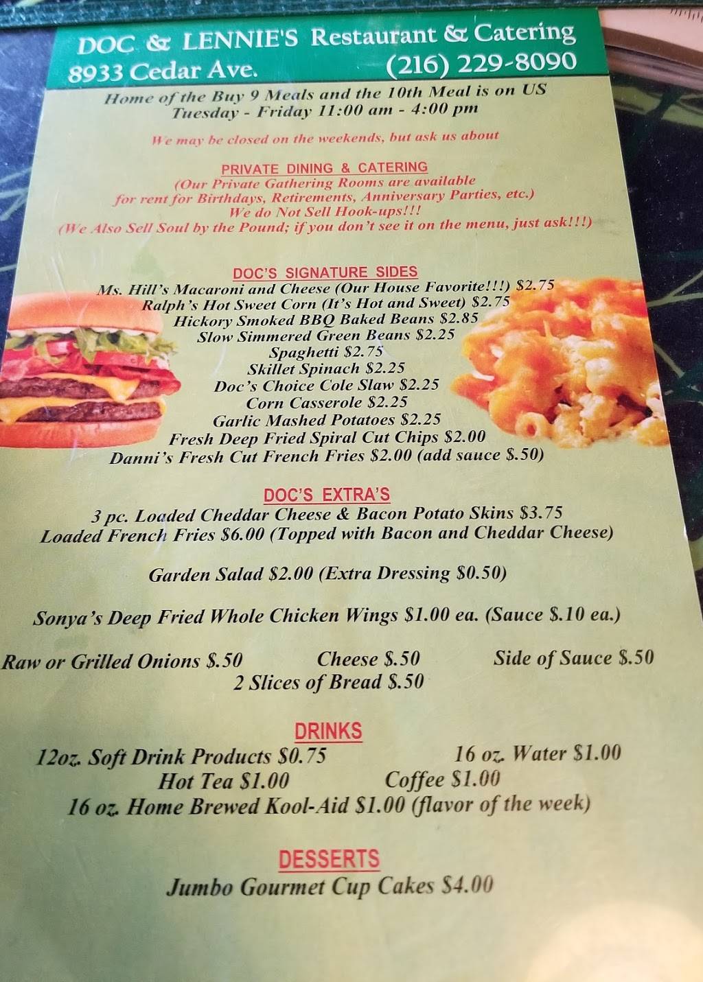 Doc & Lennies Restaurant | restaurant | 8933 Cedar Ave, Cleveland, OH 44106, USA | 2162298090 OR +1 216-229-8090