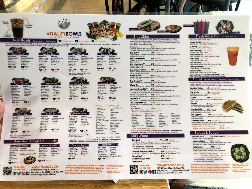 Vitality Bowls San Marcos | restaurant | 210 N Edward Gary St Unit 112, San Marcos, TX 78666, USA | 5124000427 OR +1 512-400-0427