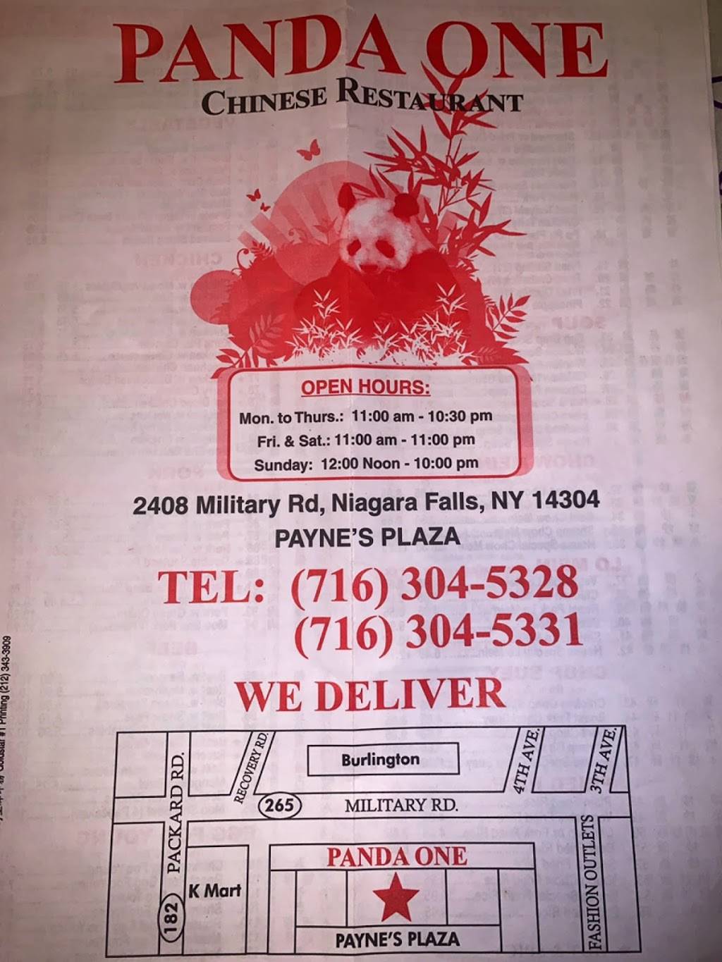 Panda One Chinese Restaurant | restaurant | 2408 Military Rd, Niagara Falls, NY 14304, USA | 7163045328 OR +1 716-304-5328