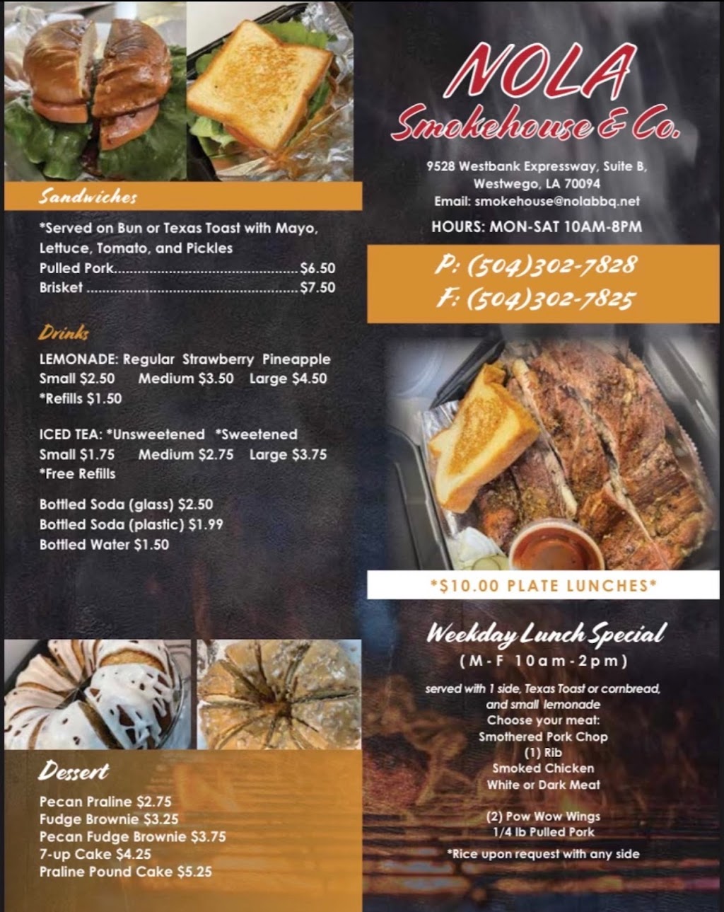 NOLA SMOKEHOUSE & CO | restaurant | 9528 Westbank Expy B, Westwego, LA 70094, USA | 5043027828 OR +1 504-302-7828