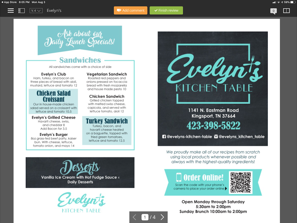 Evelyns Kitchen Table | restaurant | 1141 N Eastman Rd, Kingsport, TN 37664, USA | 4233985822 OR +1 423-398-5822