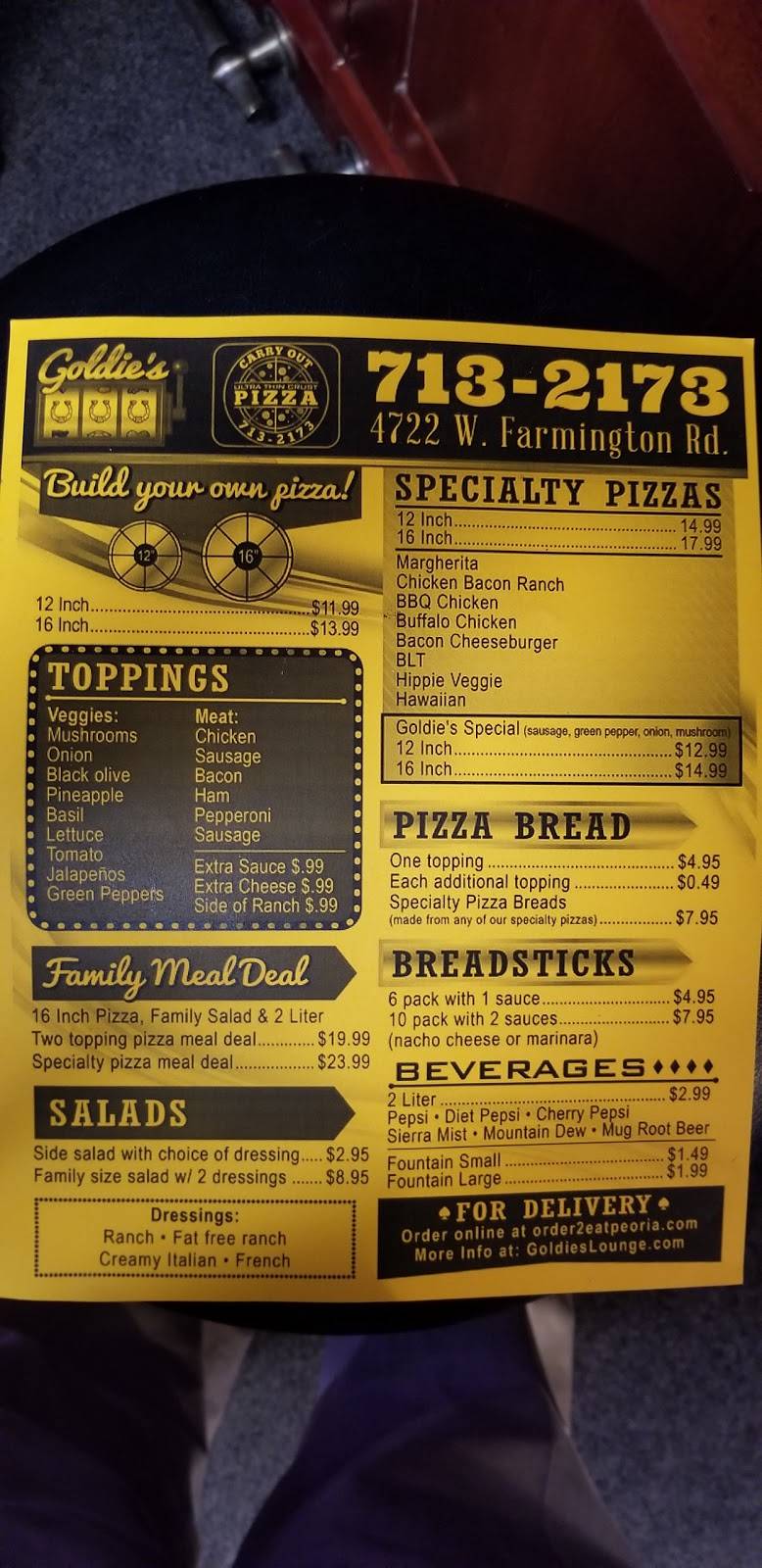 Goldies Pizza & Slots | restaurant | 4722 W Farmington Rd, Peoria, IL 61604, USA | 3097132173 OR +1 309-713-2173