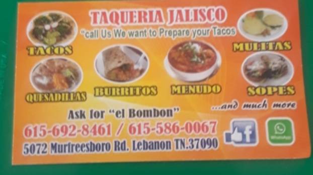 Taqueria jalisco | restaurant | 37090, 5072 Murfreesboro Rd, Lebanon, TN 37090, USA | 6156928461 OR +1 615-692-8461