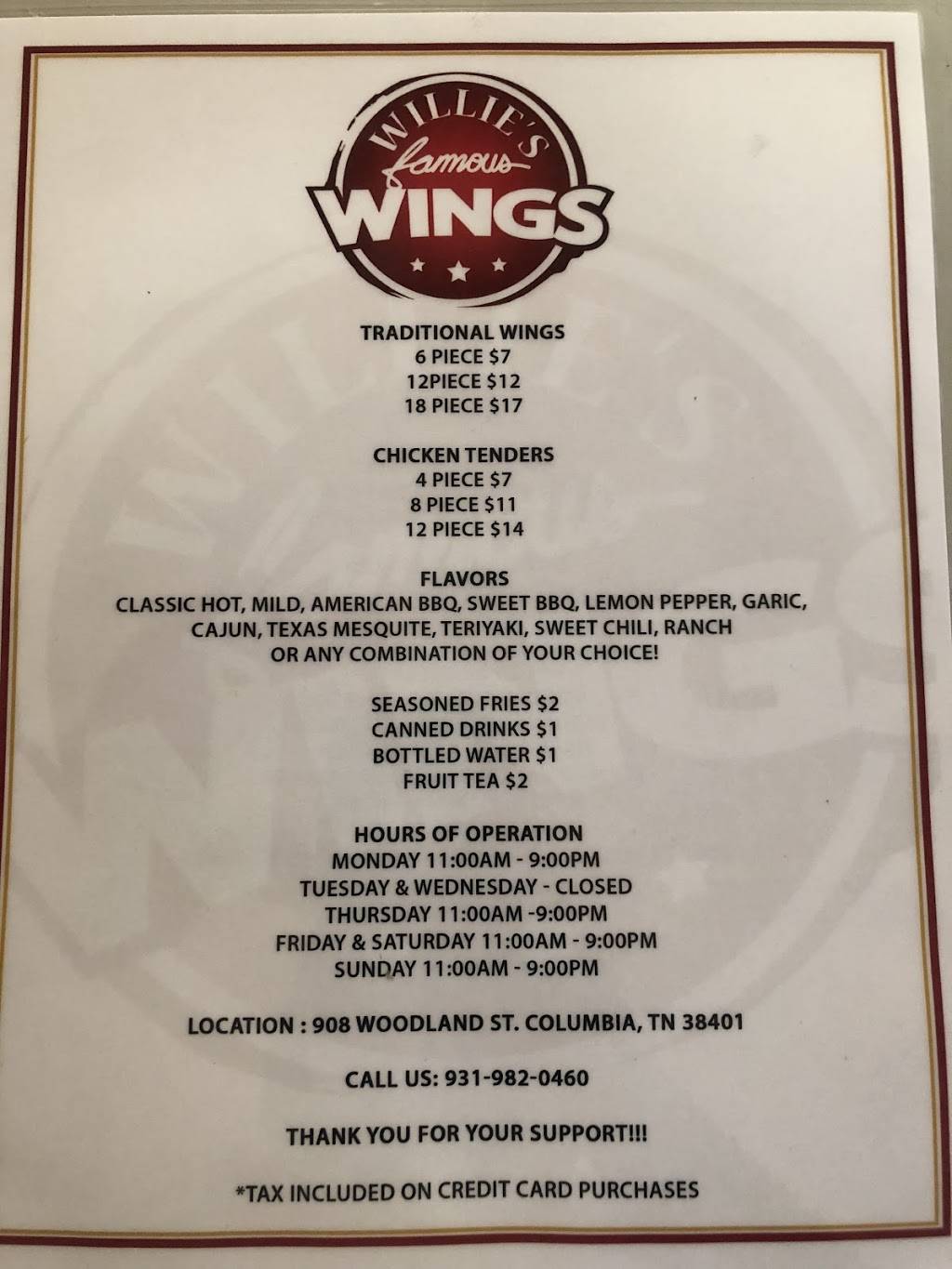 Willies Famous Wings | restaurant | 908 Woodland St, Columbia, TN 38401, USA | 9319820460 OR +1 931-982-0460