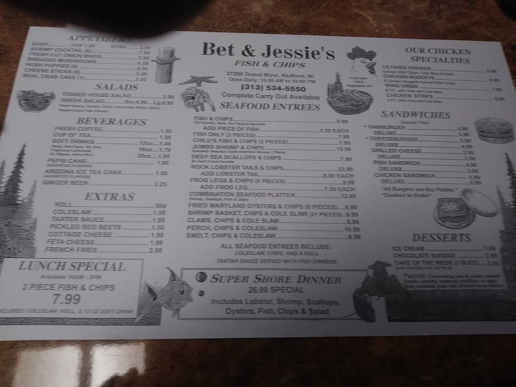 Bet & Jessies Fish & Chips | restaurant | 27206 Grand River Ave, Redford Charter Twp, MI 48240, USA | 3135345550 OR +1 313-534-5550