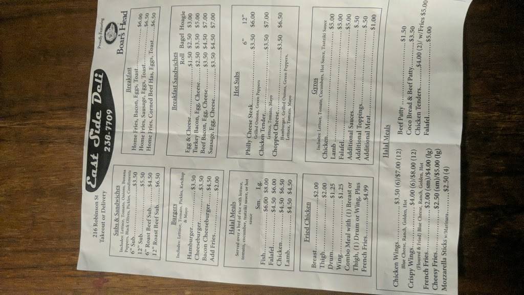 East side deli | restaurant | 218 Robinson St, Binghamton, NY 13904, USA | 6072387709 OR +1 607-238-7709