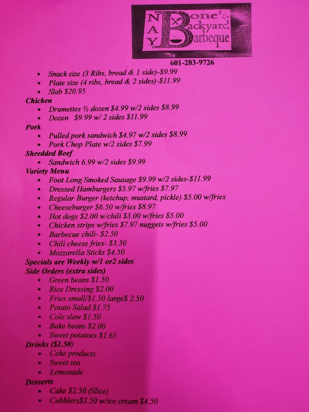 Nay Bones Backyard BBQ | restaurant | 107 S Front St, Sandersville, MS 39477, USA | 6012839726 OR +1 601-283-9726