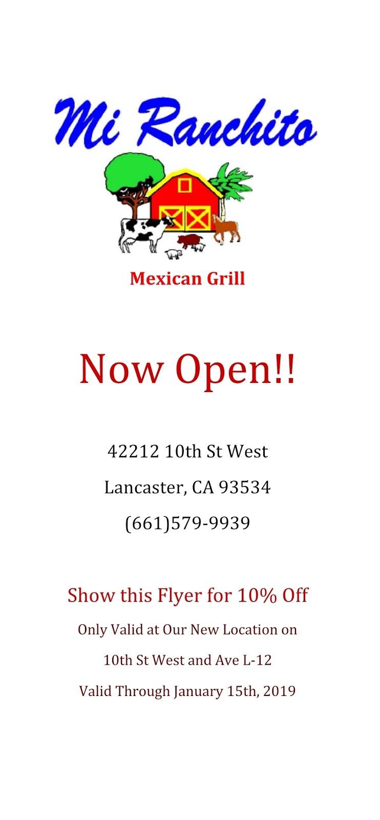 Mi Ranchito Mexican Grill | restaurant | 42212 10th St W #A2, Lancaster, CA 93534, USA | 6615799939 OR +1 661-579-9939