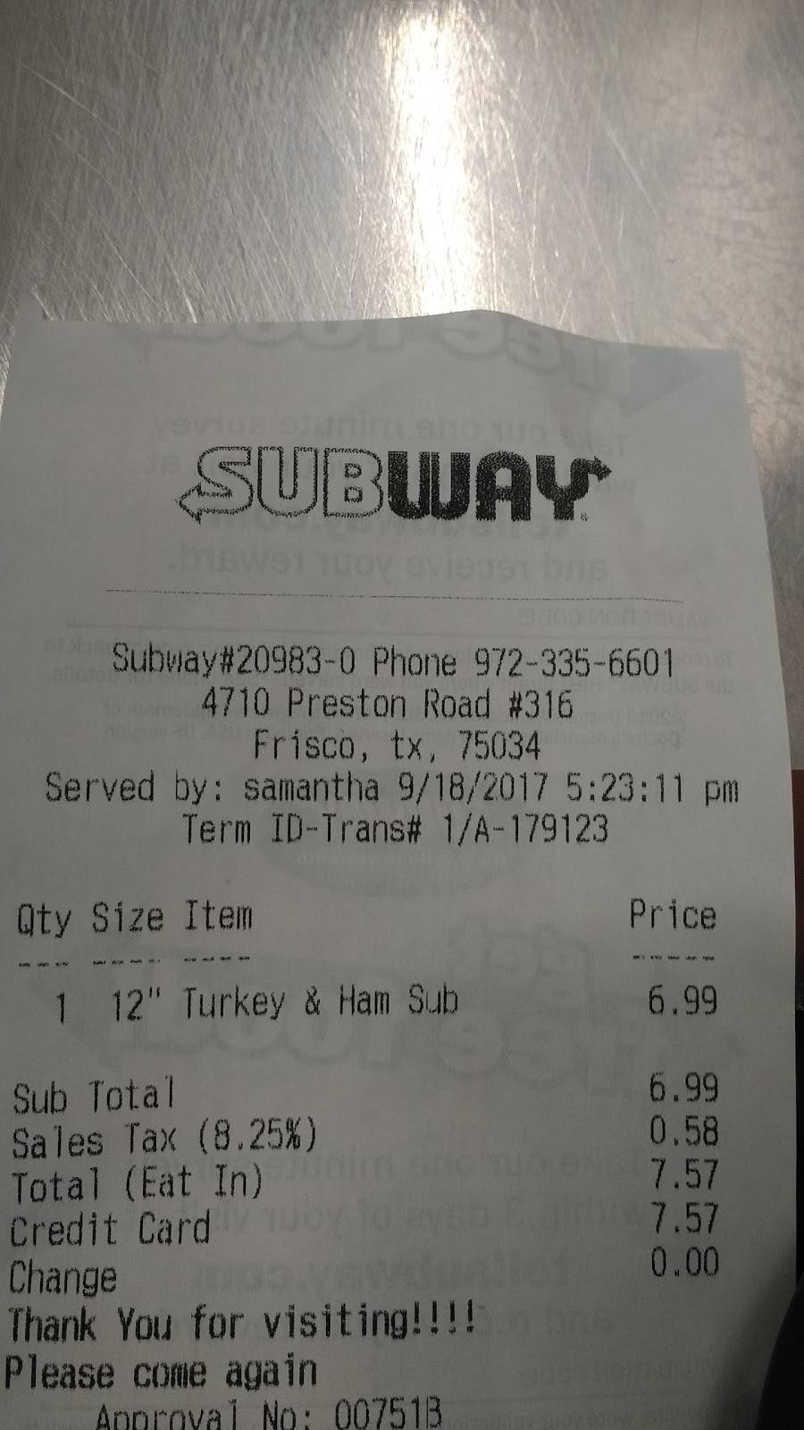 Subway Restaurants | restaurant | 4710 Preston Rd Ste 316 Frisco Village Shopping Ctr, Frisco, TX 75034, USA | 9723356601 OR +1 972-335-6601