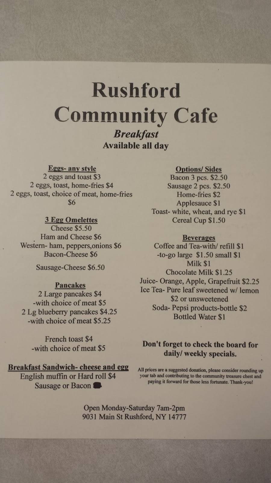 Rushford Community Cafe | restaurant | 9031A Main St, Rushford, NY 14777, USA | 5854372800 OR +1 585-437-2800