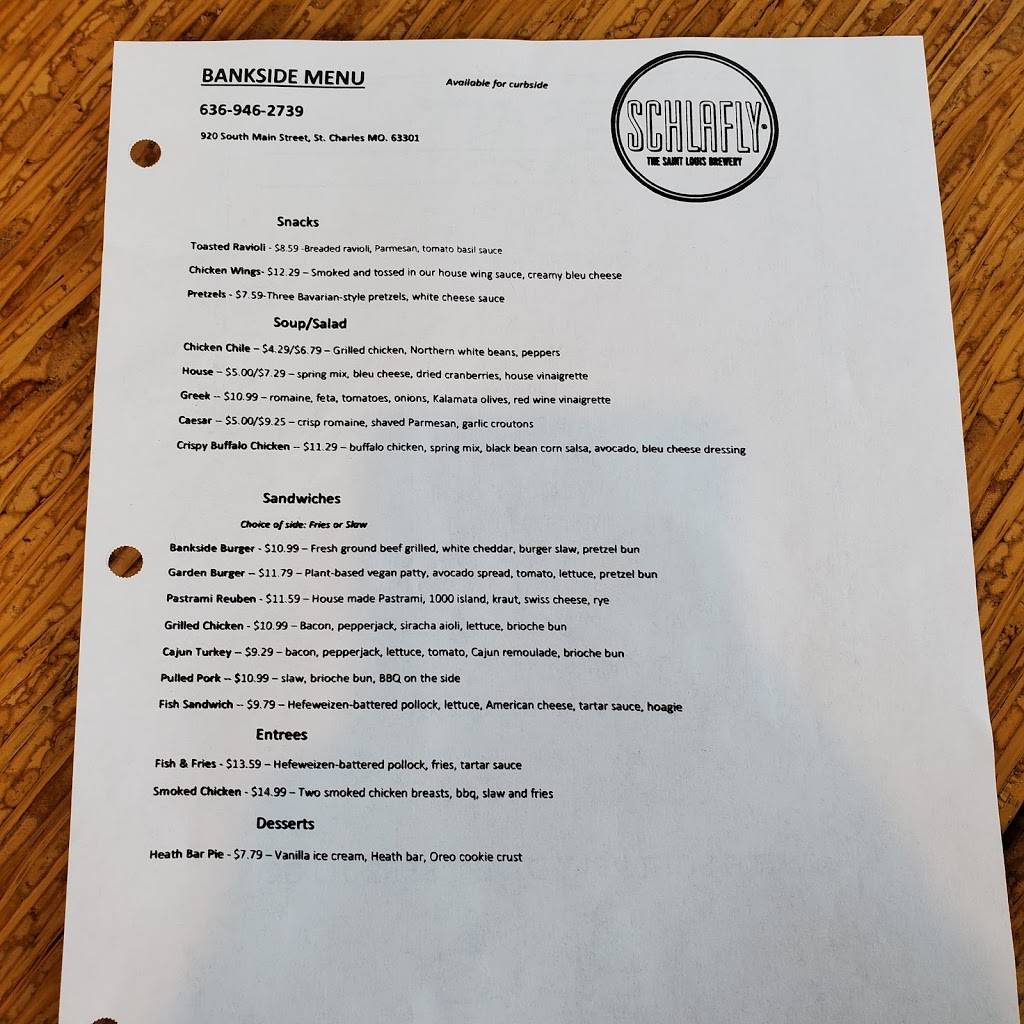 Schlafly Bankside | restaurant | 920 S Main St, St Charles, MO 63301, USA | 6369462739 OR +1 636-946-2739