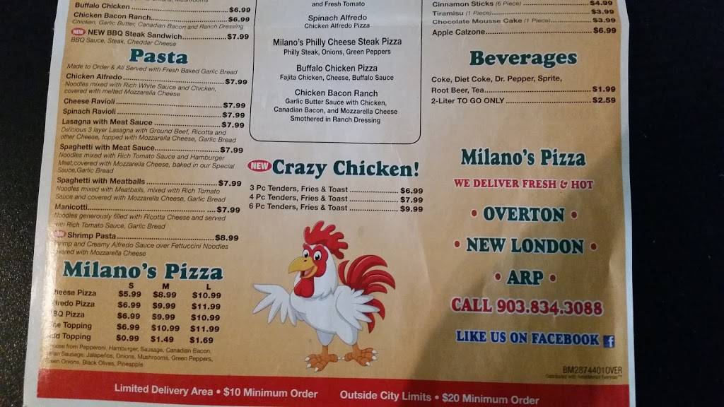 Milanos Pizza | restaurant | 109 S Commerce St, Overton, TX 75684, USA | 9038343087 OR +1 903-834-3087
