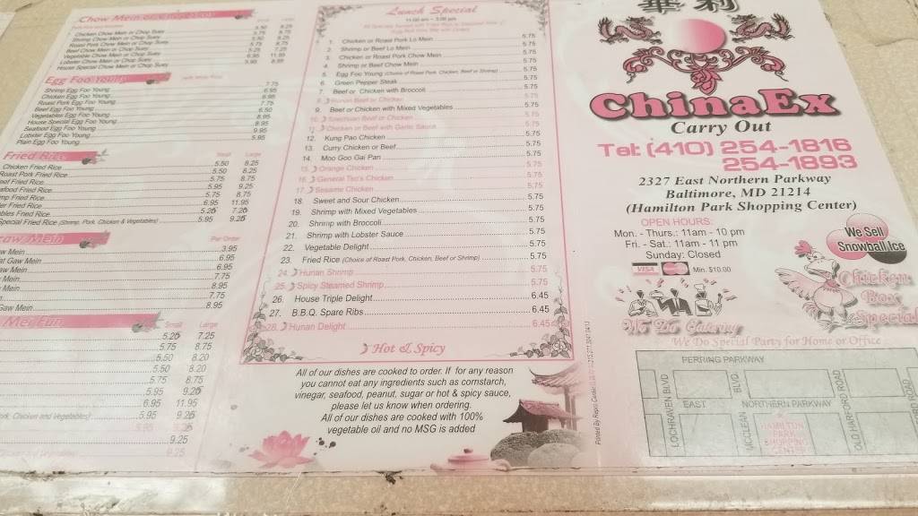 Chinaex Carry Out | meal takeaway | 2327 E Northern Pkwy, Baltimore, MD 21214, USA | 4102541816 OR +1 410-254-1816