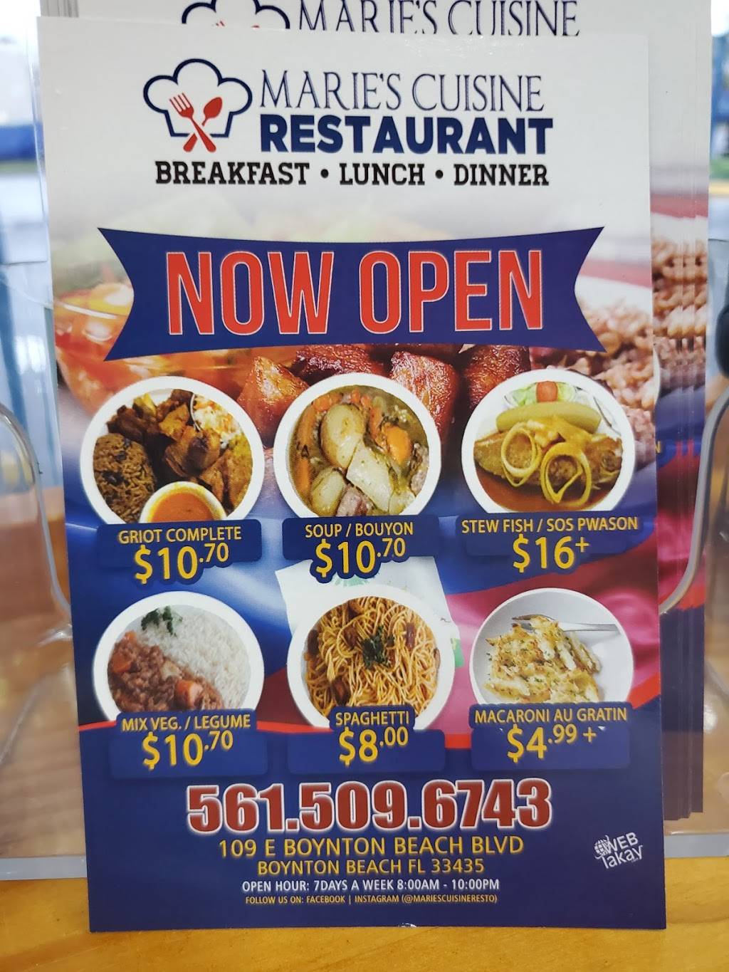 Maries Cuisine | restaurant | 109 E Boynton Beach Blvd, Boynton Beach, FL 33435, USA | 5615096743 OR +1 561-509-6743