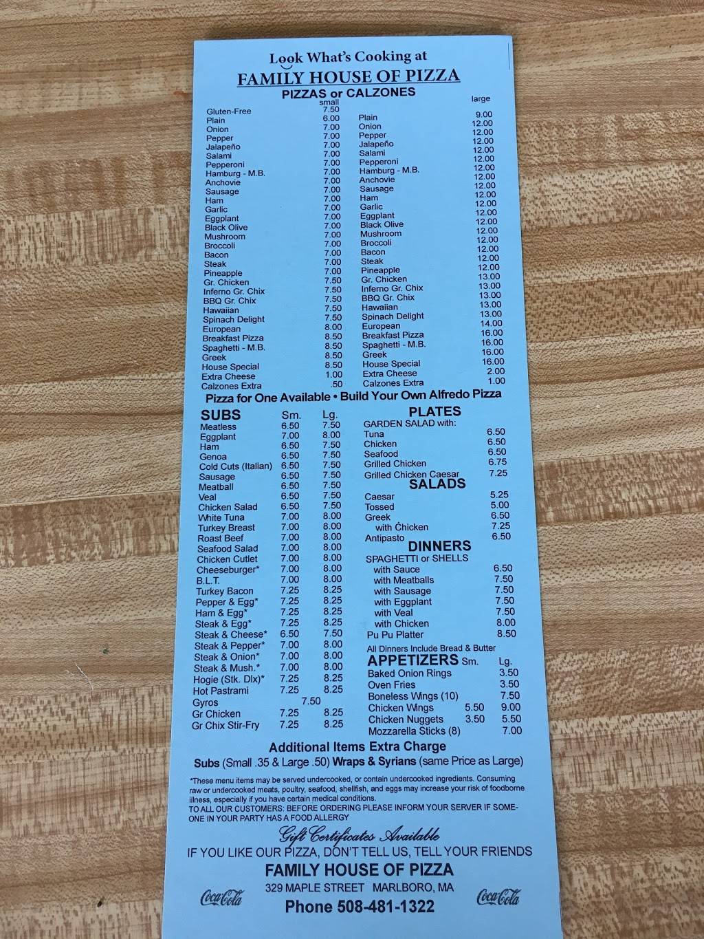 Family House of Pizza | restaurant | 329 Maple St, Marlborough, MA 01752, USA | 5084811322 OR +1 508-481-1322