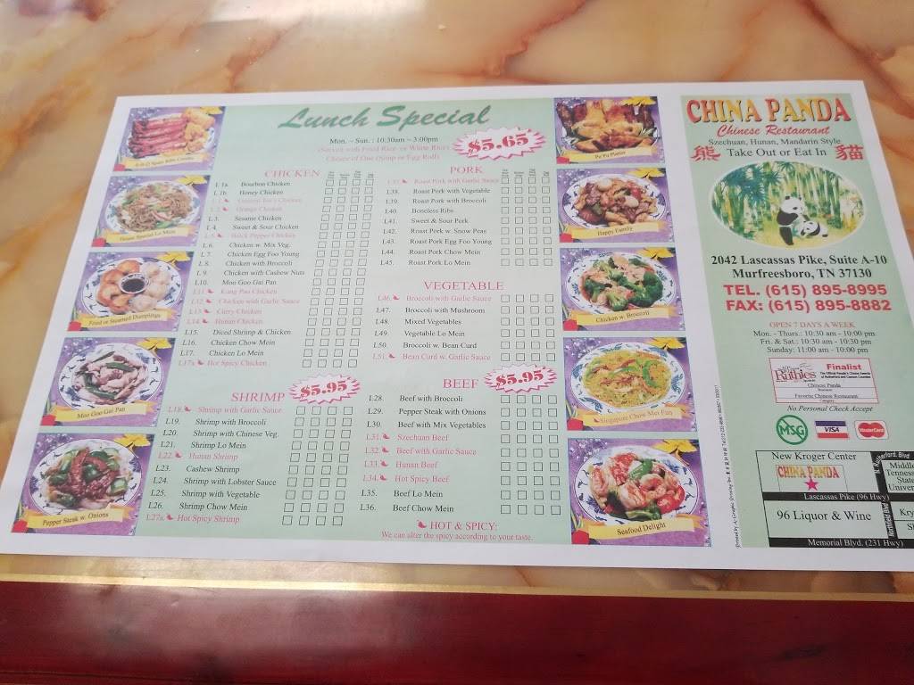 China Panda Restaurant | restaurant | 2042 Lascassas Pike, Murfreesboro, TN 37130, USA | 6158958995 OR +1 615-895-8995