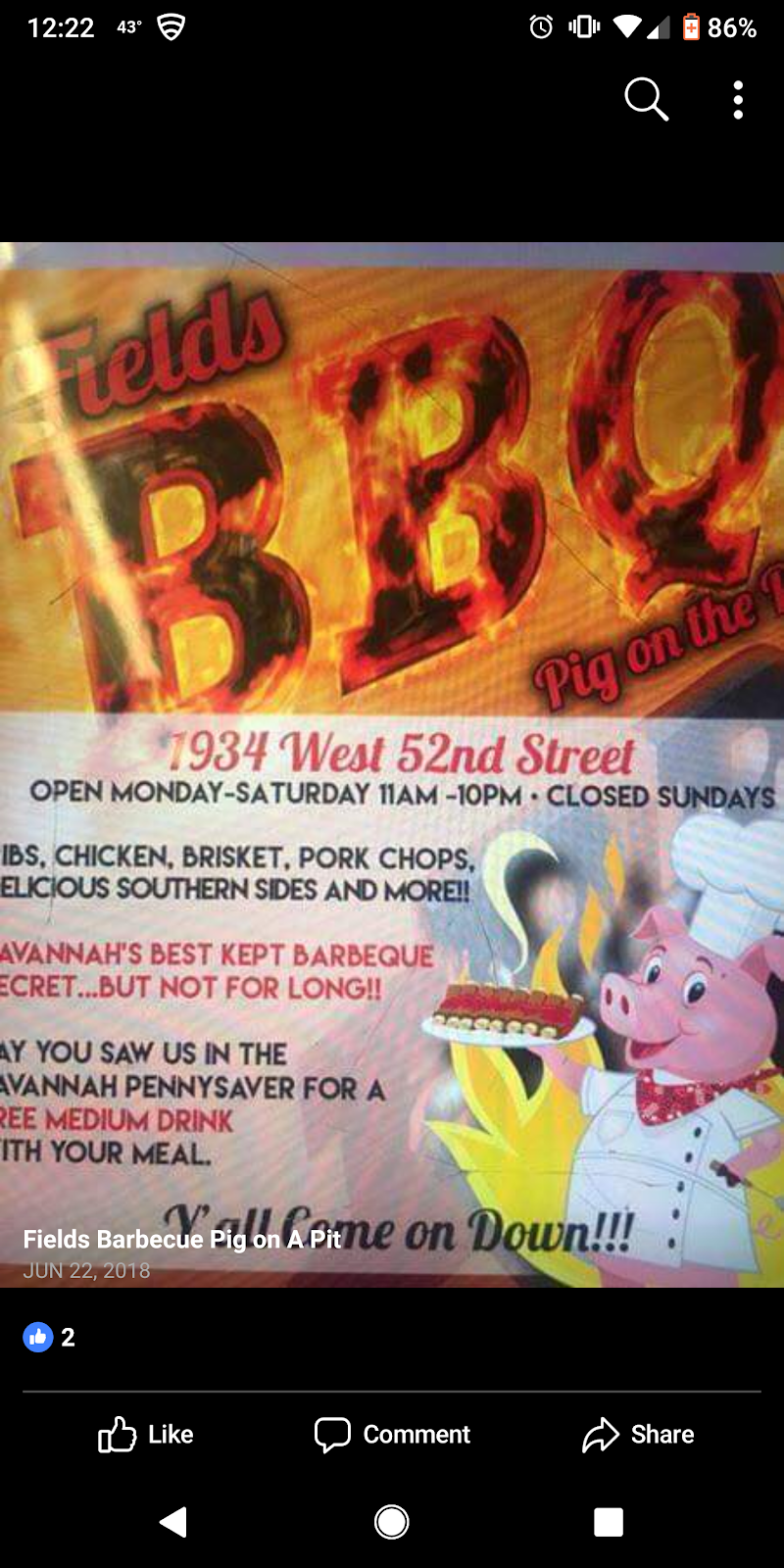 Fields Barbeque Pig on a Pit | restaurant | 1934 W 52nd St, Savannah, GA 31405, USA | 9047283801 OR +1 904-728-3801
