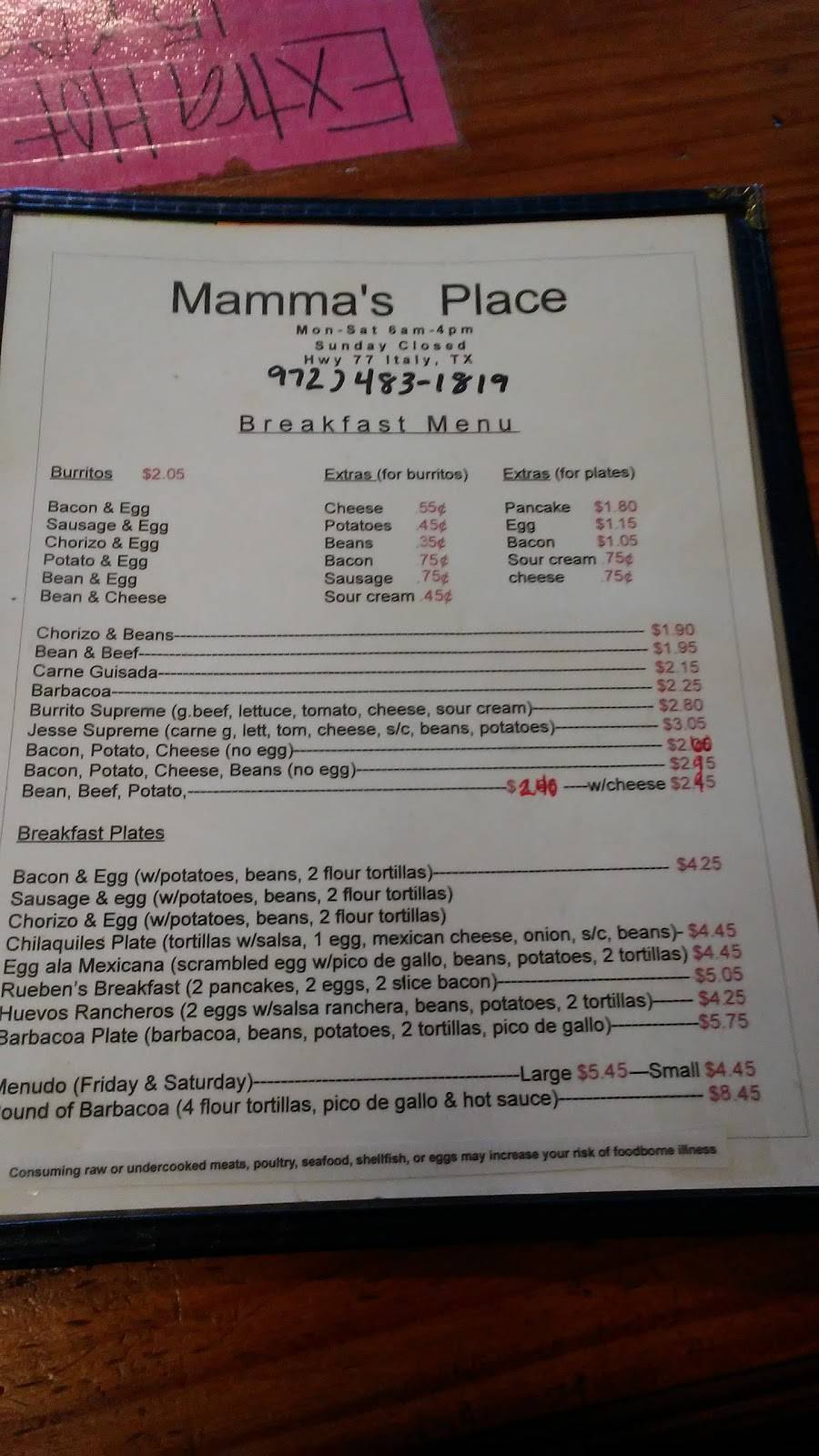 Mamas Place | restaurant | 405 Mosley St, Italy, TX 76651, USA | 9724831819 OR +1 972-483-1819